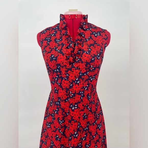 Vintage 60s Red White & Navy Floral Mod Maxi Dress With Ruffles - Picture 3 of 11